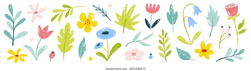 Flower crayon watercolor spring floral set. Hand drawn pastel crayon flower, leaf, plant with chalk texture. Cute nature background for kid, child, garden doodle element design. Vector illustration