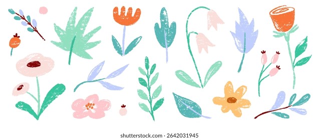 Flower crayon watercolor spring floral set. Hand drawn pastel crayon flower, leaf, plant with chalk texture. Cute nature background for kid, child, garden doodle element design. Vector illustration
