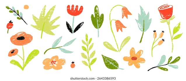 Flower crayon watercolor spring floral set. Hand drawn pastel crayon flower, leaf, plant with chalk texture. Cute nature background for kid, child, garden doodle element design. Vector illustration