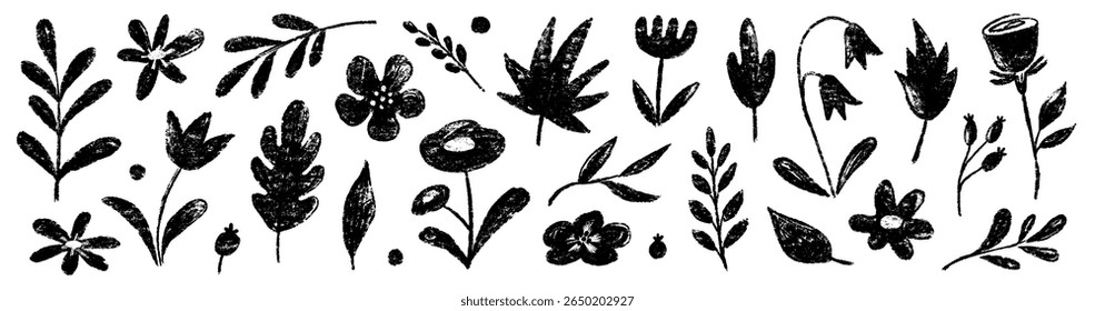 Flower crayon watercolor spring floral set. Hand drawn pastel crayon flower, leaf, plant with chalk texture. Cute nature background for kid, child, garden doodle element design. Vector illustration
