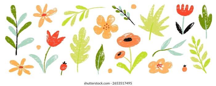 Flor crayon aquarela conjunto floral primavera. Flor de lápis pastel desenhada à mão, folha, planta com textura de giz. Fundo bonito da natureza para criança, criança, jardim doodle design de elemento. Ilustração vetorial