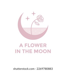 A flower in the crescent moon. The empty space inside the crescent moon is filled with water, and a flower is stuck and shining.
