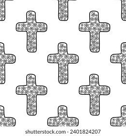 Flower cross doodle vector seamless pattern on white background