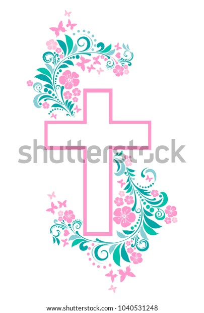 白い背景に花十字架 キリスト教のシンボル ベクターイラスト のベクター画像素材 ロイヤリティフリー