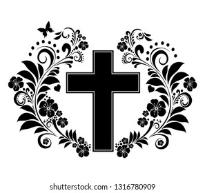  Flower Cross Made of Painted Floral Elements. Perfect for Easter, Baptism, and Christening Announcements. Flower Cross isolated on White background. Christian Symbol. Vector Illustration