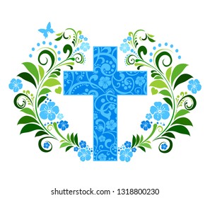  Flower Cross Made of Painted Floral Elements. Perfect for Easter, Baptism, and Christening Announcements. Flower Cross isolated on White background. Christian Symbol. Vector Illustration