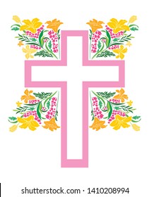  Flower Cross Made of Painted Floral Elements. Perfect for Easter, Baptism, and Christening Announcements. Flower Cross isolated on White background. Christian Symbol. Vector Illustration