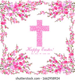 Flower Cross Made of Painted Floral Elements. Perfect for Easter, Baptism, and Christening Announcements. Flower Cross isolated on White background. Christian Symbol. Vector Illustration
