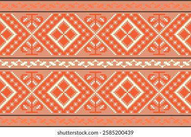 Flower Cross Stitch design pattern background.Embroidery ethnic oriental pixel art pattern.Aztec style,abstract background vector illustration.design for texture,fabric,clothing,print