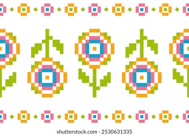 Flower Cross Stitch embroidery seamless.Geometric pixel ethnic patterns. American, Mexican,African, mediterranean,nordic,Aztec style.Tradition folk art background design for products,fabric,decorate