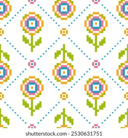 Flower Cross Stitch embroidery seamless.Geometric pixel ethnic patterns. American, Mexican,African, mediterranean,nordic,Aztec style.Tradition folk art background design for products,fabric,decorate