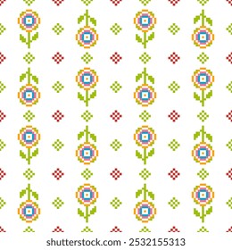 Flower Cross Stitch embroidery seamless.Geometric pixel ethnic patterns. American, Mexican,African, mediterranean,nordic,Aztec style.Tradition folk art background design for products,fabric,decorate