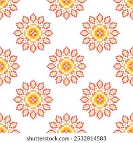 Flower Cross Stitch embroidery seamless.Geometric pixel ethnic patterns. American, Mexican,African, mediterranean,nordic,Aztec style.Tradition folk art background design for products,fabric,decorate