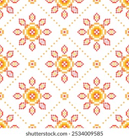 Flower Cross Stitch embroidery seamless.Geometric pixel ethnic patterns. American, Mexican,African, mediterranean,nordic,Aztec style.Tradition folk art background design for products,fabric,decorate