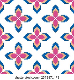 Flower Cross Stitch embroidery seamless.Geometric pixel ethnic patterns. American, Mexican,African, mediterranean,nordic,Aztec style.Tradition folk art background design for products,fabric,decorate