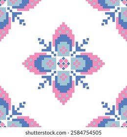 Flower Cross Stitch embroidery seamless.Geometric pixel ethnic patterns. American, Mexican,African, mediterranean,nordic,Aztec style.Tradition folk art background design for products,fabric,decorate