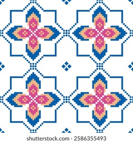 Flower Cross Stitch embroidery seamless.Geometric pixel ethnic patterns. American, Mexican,African, mediterranean,nordic,Aztec style.Tradition folk art background design for products,fabric,decorate