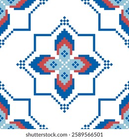 Flower Cross Stitch embroidery seamless.Geometric pixel ethnic patterns. American, Mexican,African,mediterranean,nordic, Aztec style.Tradition folk art background design for products,fabric,decorate