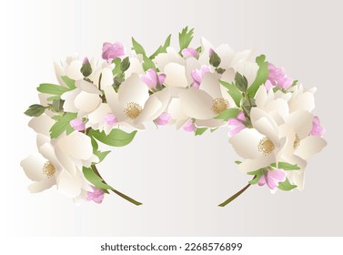 Flower crown hair ornament, decorative tiara of spring white, pink flowers and leaves elegant decor for wedding and holidays