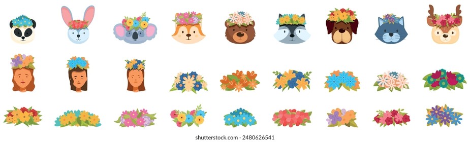 Conjunto de iconos de corona de flores. Conjunto de varios animales lindos y mujeres jóvenes que usan corona de flores con hermosa ilustración de arreglo floral