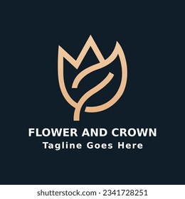 Flower and crown minimal logo golden color vector design