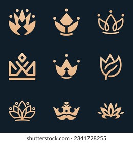 Flower and crown minimal logo golden color vector design bundle