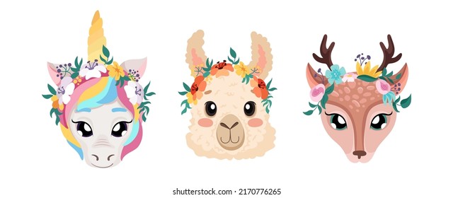 Flower crown wreaths set with animals unicorn, alpaca, deer. Summer or spring flowers isolated on white background for headband design or for wedding. Vector cartoon illustration 