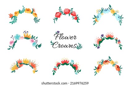 Flower crown wreaths set. Summer or  spring flowers isolated on white background for headband design or for wedding. Vector cartoon illustration