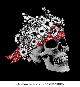 Flower crowned skull.Vector t shirt print design.