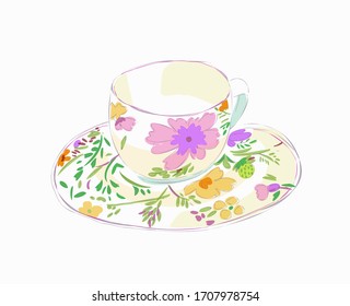 flower cup illustration.cup and saucer illustration for tea time.flower design items for daily life.afternoon tea illustration.colorful cup illustration.