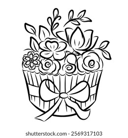 Flower cupcake drawing sketch outline graphic vector illustration