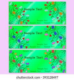 Flower, curls templates set on a green  background. Business cards, invitations and banners. Leaves pattern and ornaments with sample text.