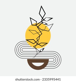 flower with curved lines and yellow sun. can be used for room decoration