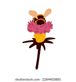 Flower with cute bee cartoon and heart isolated on white background vector illustration.