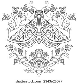 Flower cute and butterfly hand drawn for adult coloring book