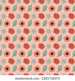 Flower cute nahtloses Muster. Blumen, Blatt, Rosa. Pastellfarbener heller Hintergrund für Textilien, Stoff, Dekorationspapier. Cartoon-Vektorgrafik