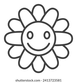 Flower with Cute Smiling Face vector Hippie Retro style concept icon or symbol in thin line style
