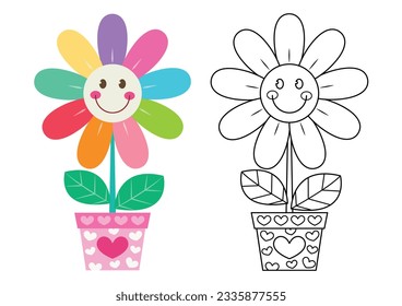 Flower cute vector illustration cartoon isolated on white background. A pot of flower vector colored and colorless. Cute coloring page for kids. 