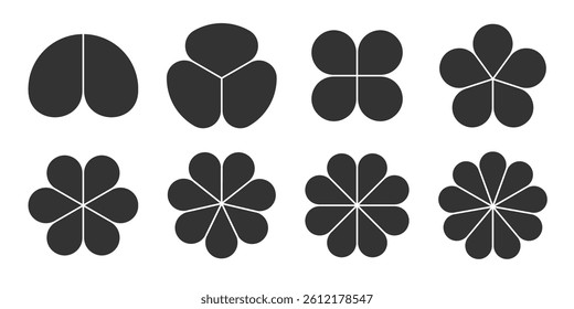 Flower cycle shapes set. Black circular floral diagram with petals. Infographics template with two to nine options or steps.