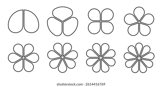 Flower cycle shapes set. Outline circular floral diagram with petals. Infographics template with two to nine options or steps. Business data chart