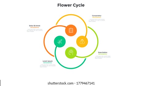 Flower cyclic chart with 4 colorful round elements. Concept of four options of startup project. Modern flat infographic design template. Simple vector illustration for business data visualization.