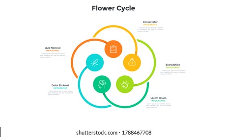 Flower cyclic chart with 5 colorful round elements. Concept of five options of startup project. Modern flat infographic design template. Simple vector illustration for business data visualization.
