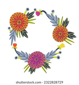 Blume Dahlias Kreis Rahmen in Vektorgrafik handgezeichnet. Blumenstrauß, Botanischer Blumenstrauß mit Blättern. Grußkarte, Hochzeitsbanner, Einladung Design