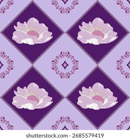 flower damark pattern on the purple background,seamless pattern design for tile,fabric,carpet,wallpaper