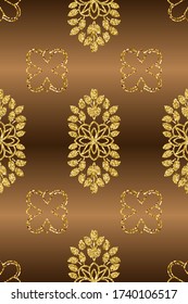 Flower damask gold glitter ornate seamless pattern. Vector surface design for fabric, apparel textile, book, interior, wallpaper background