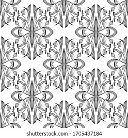 Blumendamast orniert nahtloses Muster. Vektorgrafik-Design für Gewebe, Bekleidung, Buch, Interieur, Hintergrund