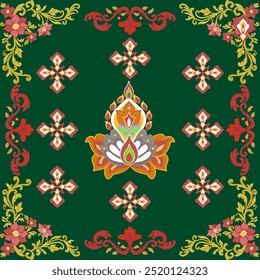 Flower Damask Seamless Pattern - Vector Illustration for Elegant Textile Design on green background