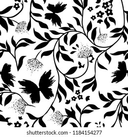 Flower, dandelion and butterfly silhouette pattern fabric print design. Illustration isolated vector elements. 