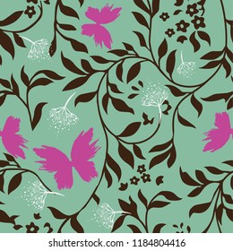 Flower, dandelion and butterfly silhouette pattern fabric print design. Illustration isolated vector elements. Pastel colors floral pattern fabric design