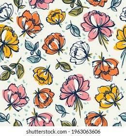patrón de flores y hojas verdes oscuras. flor amarilla, flor orang, flor rosa   